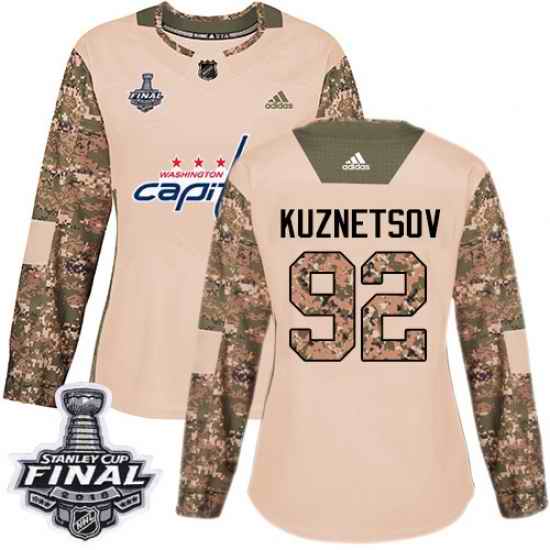 Adidas Capitals #92 Evgeny Kuznetsov Camo Authentic 2017 Veterans Day 2018 Stanley Cup Final Women's Stitched NHL Jersey